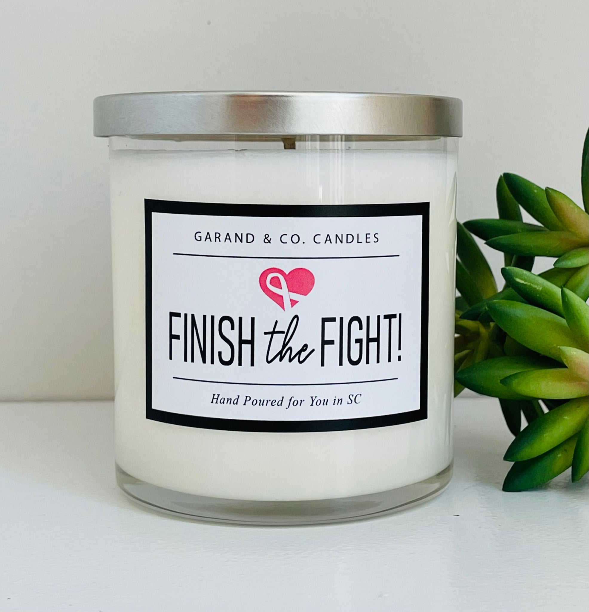 12 oz Clear Glass Jar Candle -  Finish the Fight Pink Heart with Ribbon