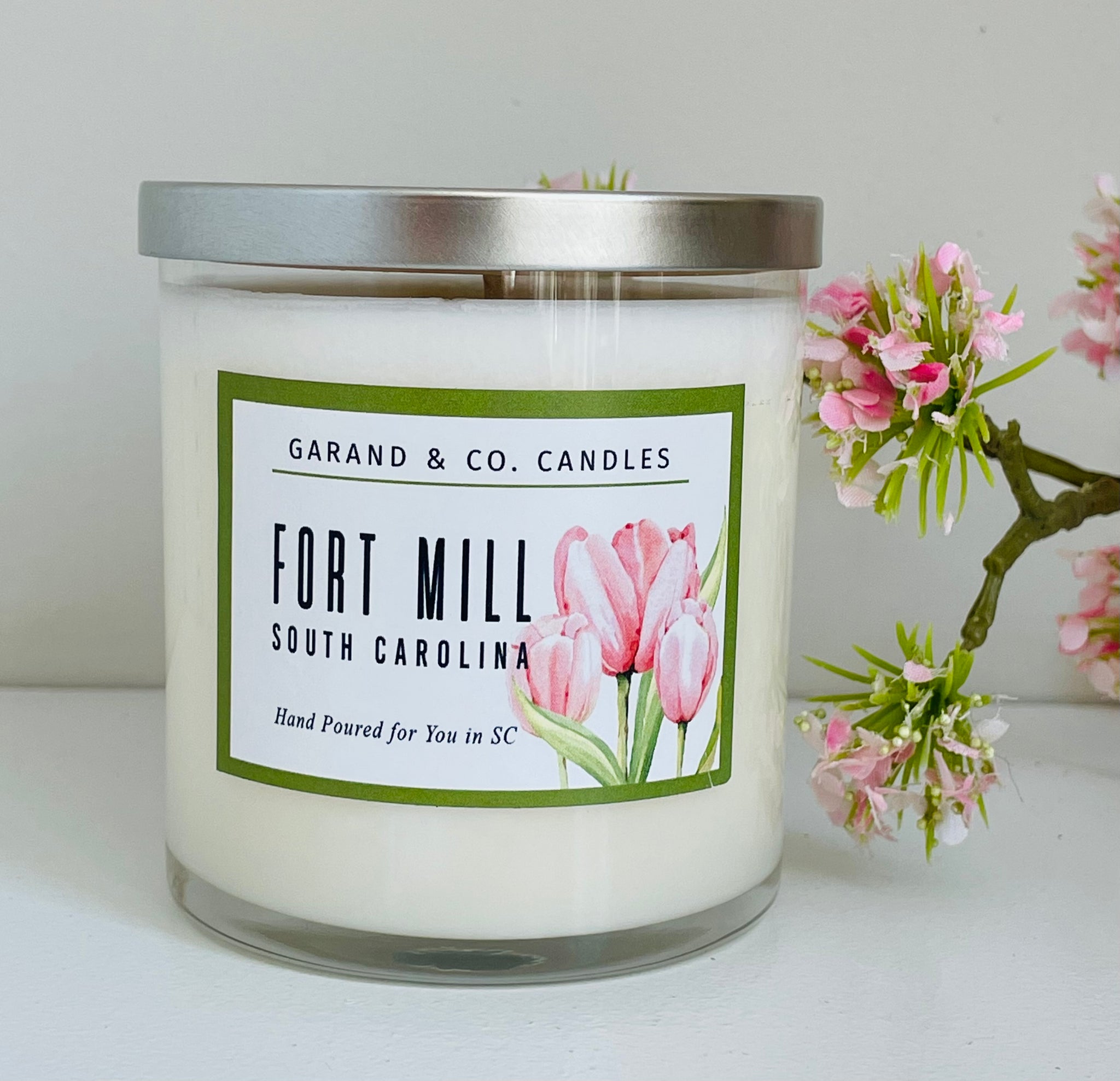 12 oz Clear Glass Jar Candle -  Fort Mill Spring Pink Tulips Green Border