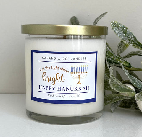 12 oz Clear Glass Jar Candle -  Happy Hanukkah Let The Light Shine Bright