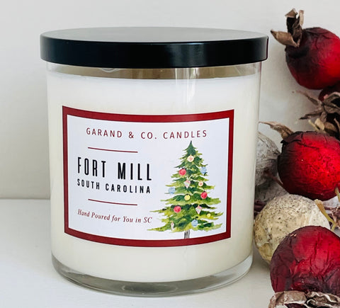 12 oz Clear Glass Jar Candle -  Fort Mill, SC Christmas Tree Red Border