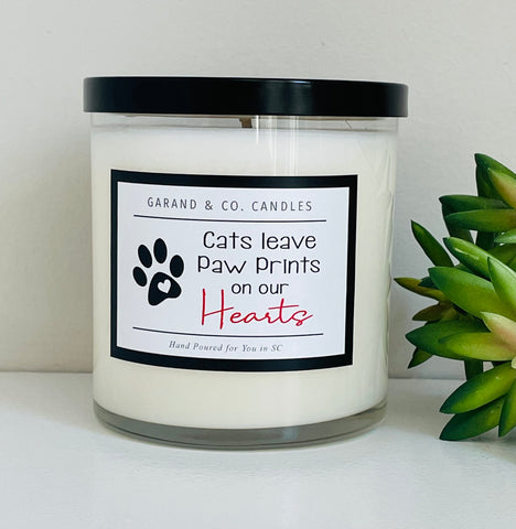 12 oz Clear Glass Jar Candle -  Cats Leave Paw Prints On Our Hearts