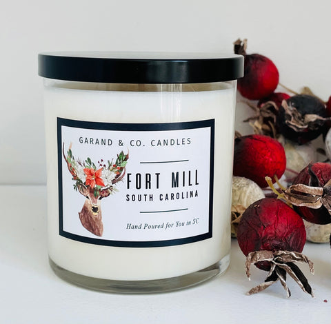 12 oz Clear Glass Jar Candle -  Fort Mill, SC Holiday Deer