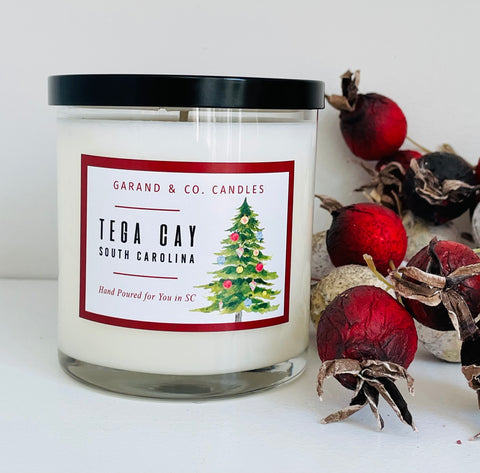 12 oz Clear Glass Jar Candle -  Tega Cay, SC Christmas Tree Red Border