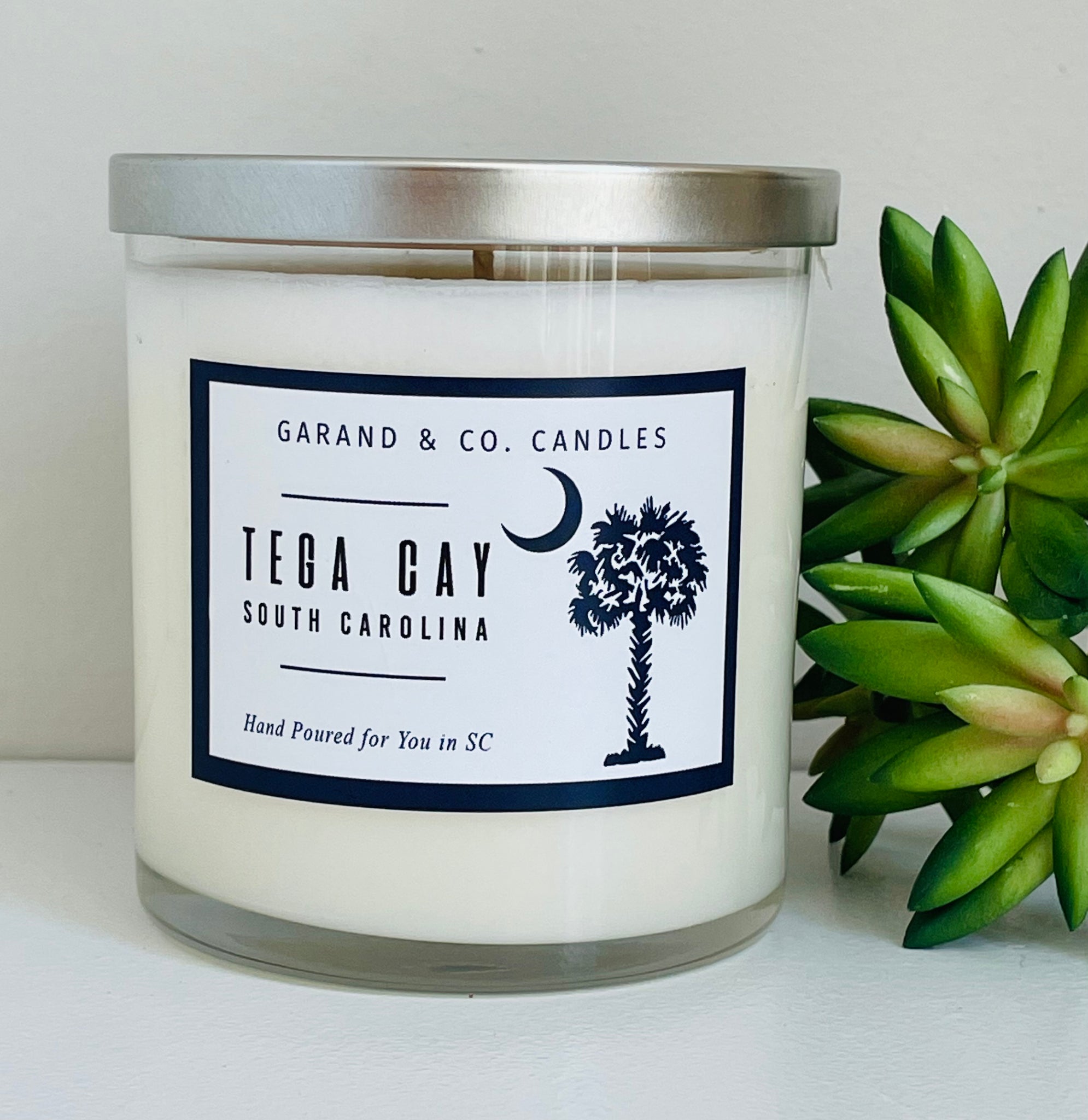 12 oz Clear Glass Jar Candle -  Tega Cay, SC Palm and Crest