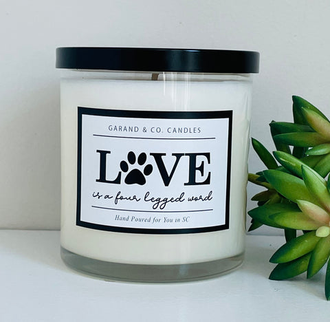 12 oz Clear Glass Jar Candle - Love is a Four Legged Word - Pawprint
