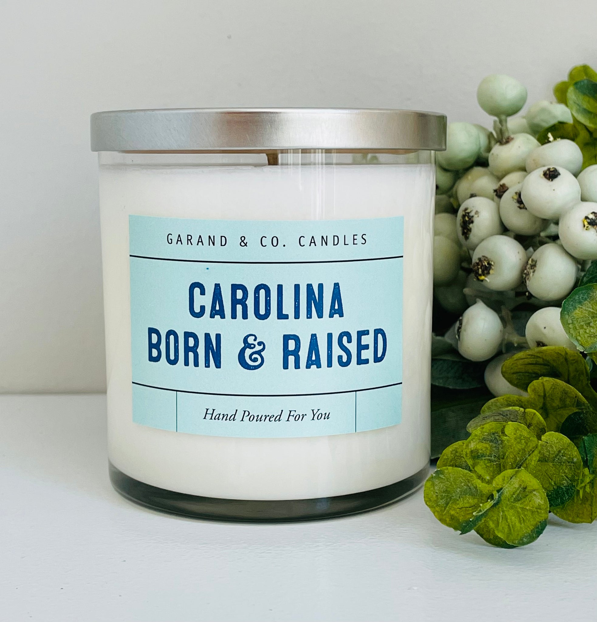 12 oz Clear Glass Jar Candle -  Carolina Born and Raised Light Blue and Navy