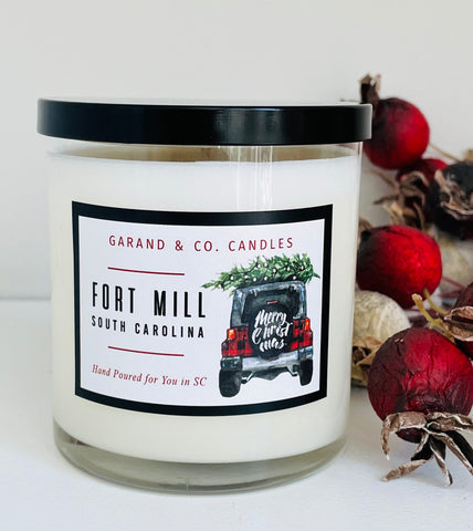 12 oz Clear Glass Jar Candle -  Fort Mill, SC Merry Christmas Jeep